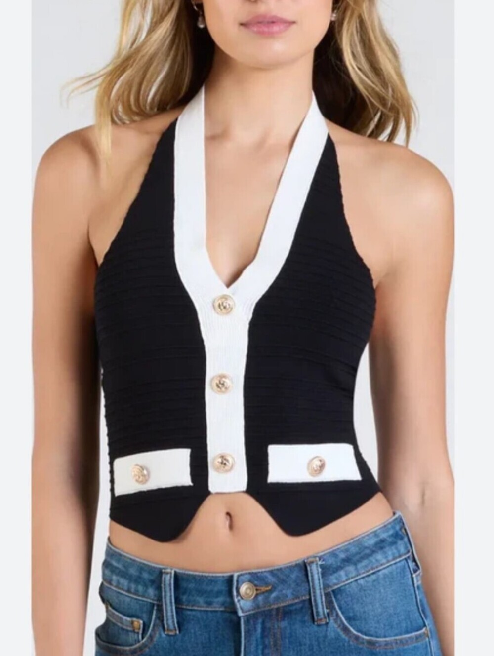 NWT Blithe LA Halter Button Vest With Contrasting White Trim    Size L